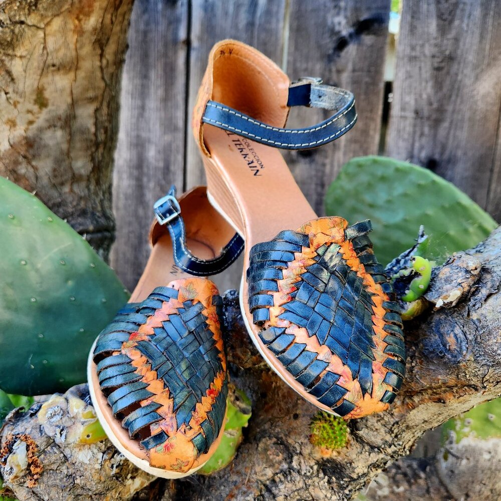 Made in Mexico Wedge Leather Sandal - Indigo/Brown/Floral